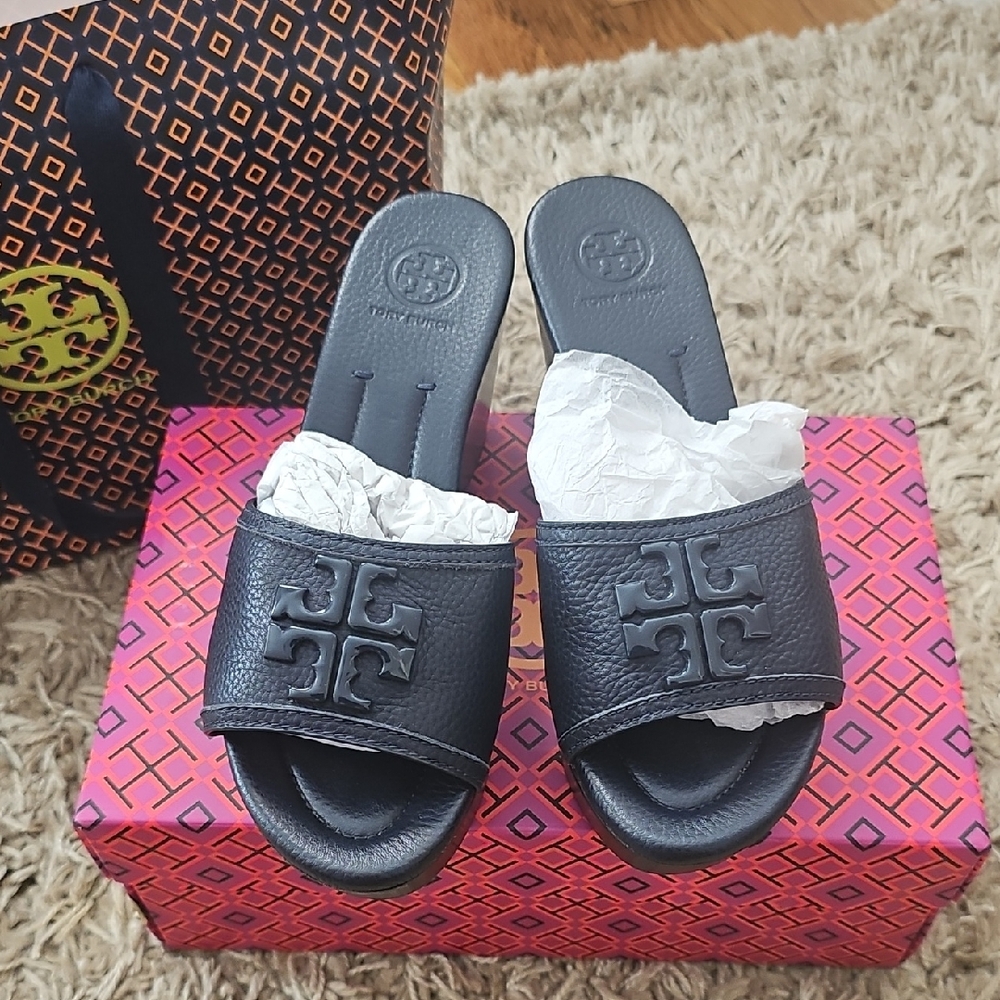 Tory Burch Navy Embossed Slide Sandals